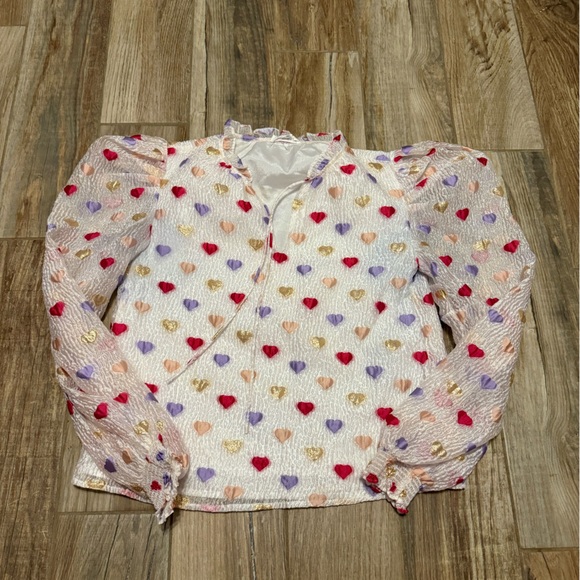 THML Colorful Heart Puff Sleeve Tie Front Top - Picture 2 of 4